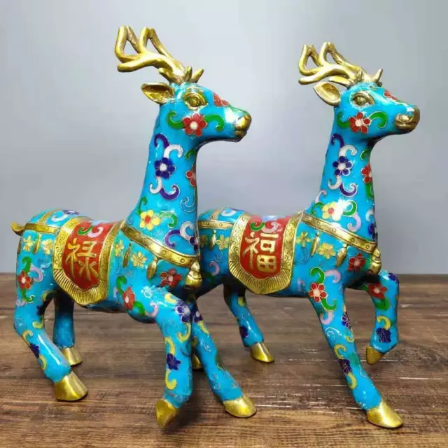 Chinese Copper Cloisonne Enamel Handmade Exquisite A Pair Deer Statues  3758