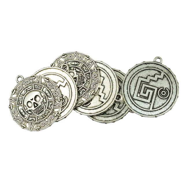 6 Stück tibetischen Silber Karibik Azteken Münze Medaillon Schädel Halskette