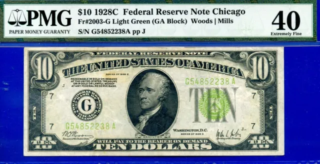 1928C $10 Federal Reserve Note PMG 40 Light green seal Chicago Fr 2003-G