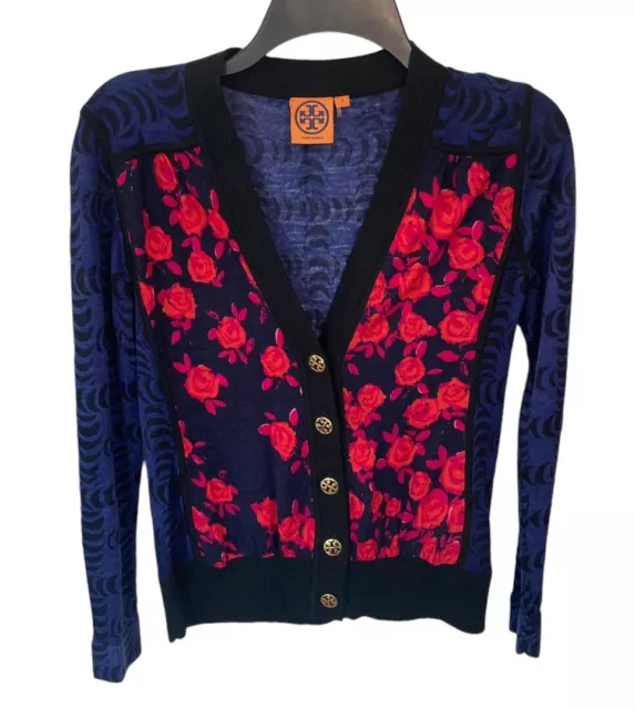 Tory Burch Floral Printed Merino Wool Cardigan Size Small