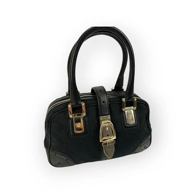 Vintage Gucci Black Boston GG Signature Cloth Leather Small Gold Hardware Purse