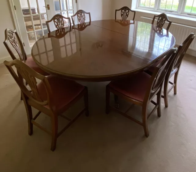 Reproduction Burr Walnut Dining Table And 8 Hepplewhite Style Dining Chairs