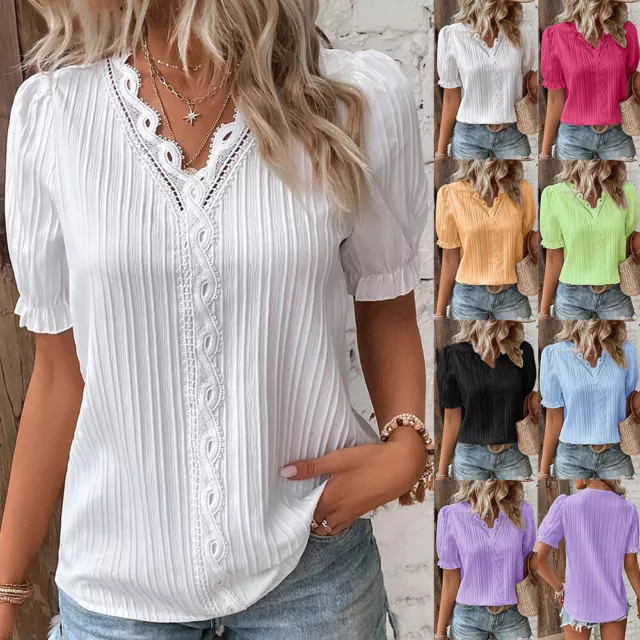 Women V Neck Summer T-Shirt Blouse Ladies Short Sleeve Tops Pullover Tee US Size