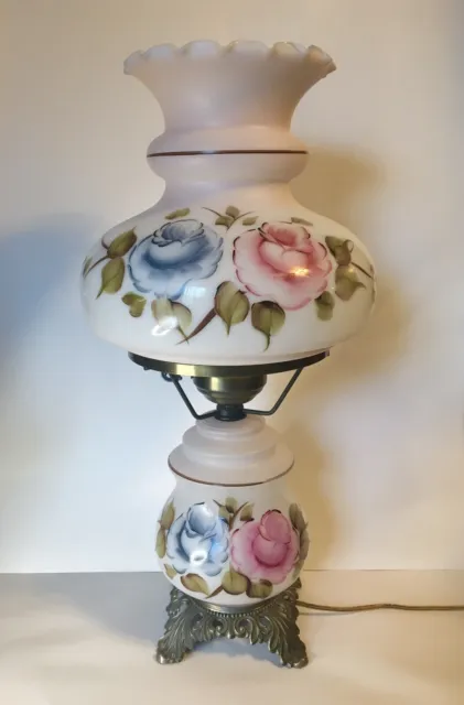 Vtg L&L WMC Electric Hand Painted Roses GWTW Table Parlor Hurricane 3-Way Lamp