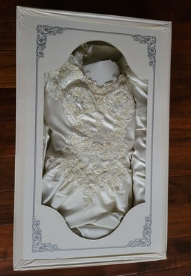 Satin Vintage Wedding Dress; Long sleeve; Pearl beading; Queen Anne neckline