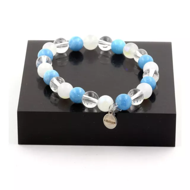 Bracelet Perles Calcédoine bleu + Quartz + Pierre de lune 8 mm. Fabriqué en Fra