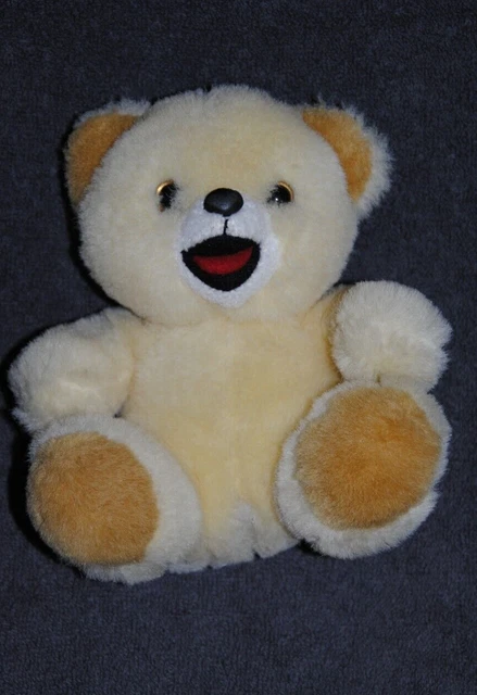 Doudou Peluche Ours CAJOLINE Beige Langue Rouge  15 Cm Assis  Vintage TTBE