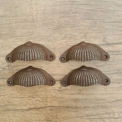 4pcs Vtg victorian cast iron cabinet drawer bin pull cup handle clamshell design