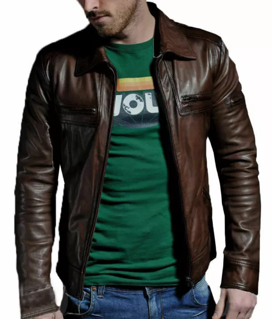 Mens Brown Real Leather Jacket Vintage Slim Fit Retro Biker Jacket