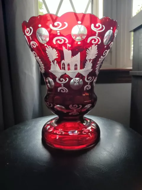 Vntg Bohemian❣️Ruby Cut to Clear Castle Grouse Vase by Egermann