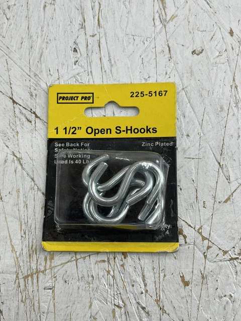 Project Pro 4 PK | 1 1/2" Open S Hooks | Zinc Plated