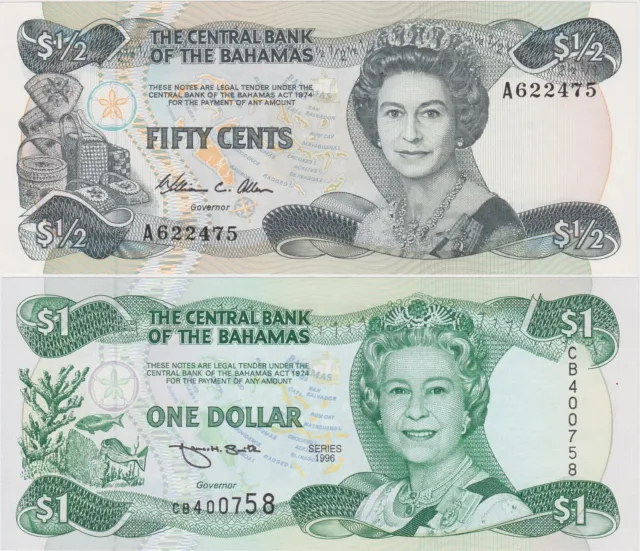 Two Bahamas Banknotes In Mint Condition - Fifty Cents & One Dollar