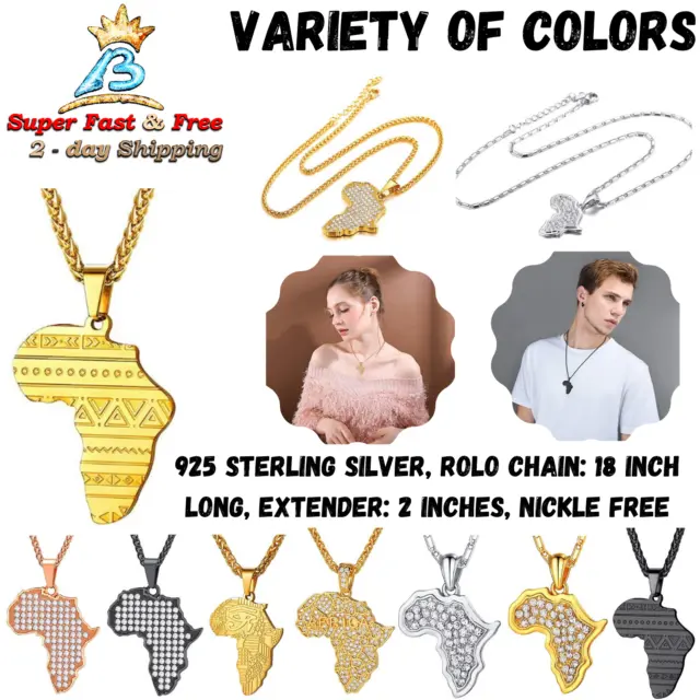African Map Pendant Necklace Ethnic Pattern Jewelry Rope Chain 22 Inch Men Women