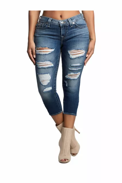 True Religion Women's Halle Super Skinny Fit Stretch Capri Crop Destroyed Jeans