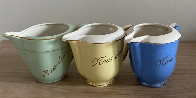 3 pots a lait ancien faïencerie du nord " NOUS DEUX "dorure or