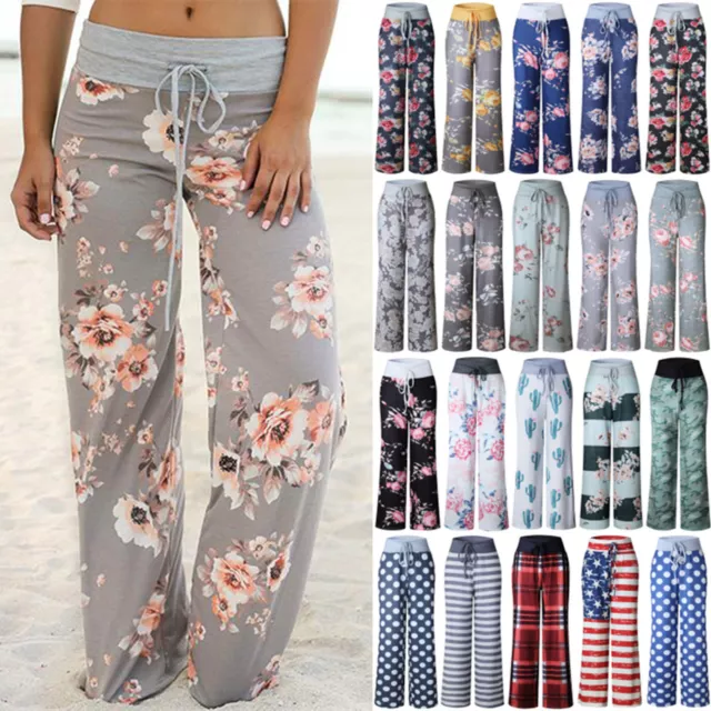 Uk Boho Ladies Floral Yoga Palazzo Trousers Women's Casual Autumn Wide Leg Pants