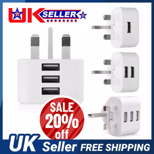 Mains 3 Pin USB Plug Adapter Wall Charger 1-3 Ports For Phone Tablet UK plug Lot