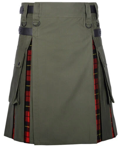 Men's Scottish Wallace Tartan With Olive Green Cotton Hybrid Utility kilt