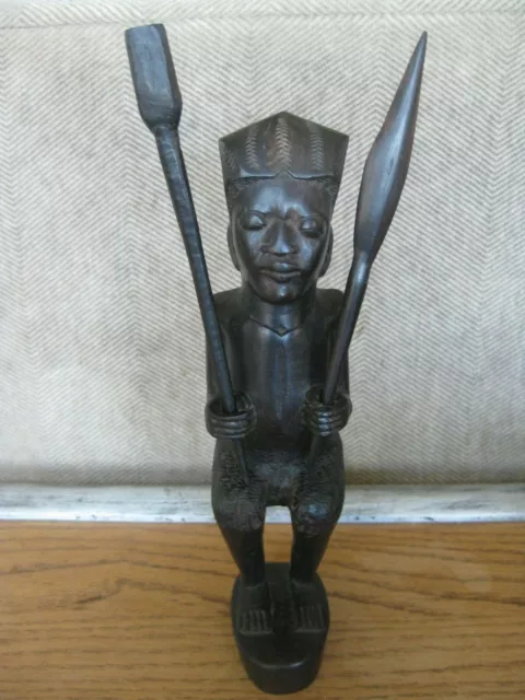 African Tribal Sculpture Warrior Hunter Removable Spear Club Etched Details 9"