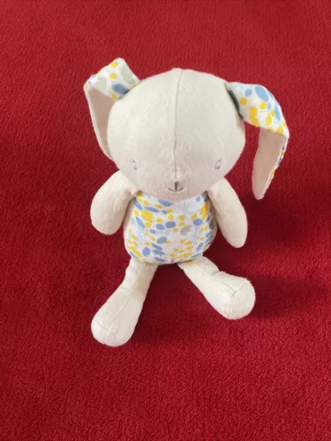 🇫🇷 Peluche Doudou lapin tissu crème fleurs jaune bleu  23 Cm KLORANE ÉTAT NEUF