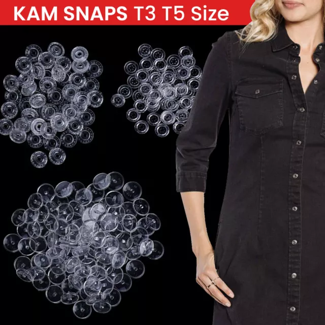 50-100 Set Kam T3 T5 Clear Plastic Resin Snaps Button Fasteners Press Stud