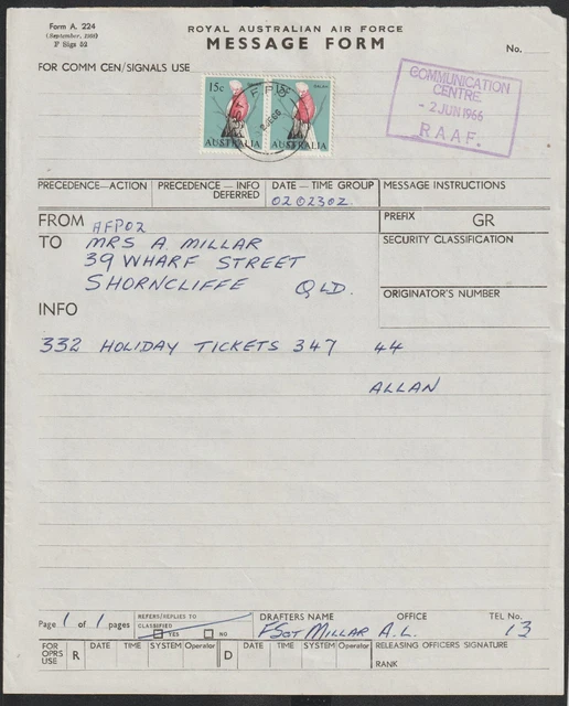 Raaf Form 1966 RAAF CODED Message Form AFPO 2 Postmark Ubon Thailand to ...