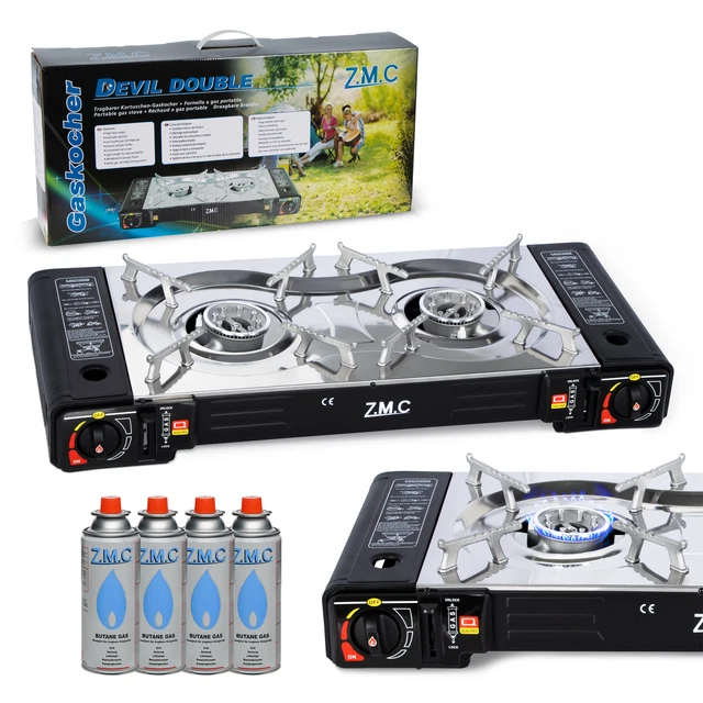 Doppel Kartuschenkocher 2 flammig Outdoor Gas Campingkocher + 4x Gaskartuschen