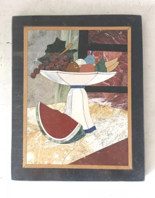 Handmade Fruit Bowl Painting on Marble Pietra Dura Plaque Micro Mosaic Inlay Art