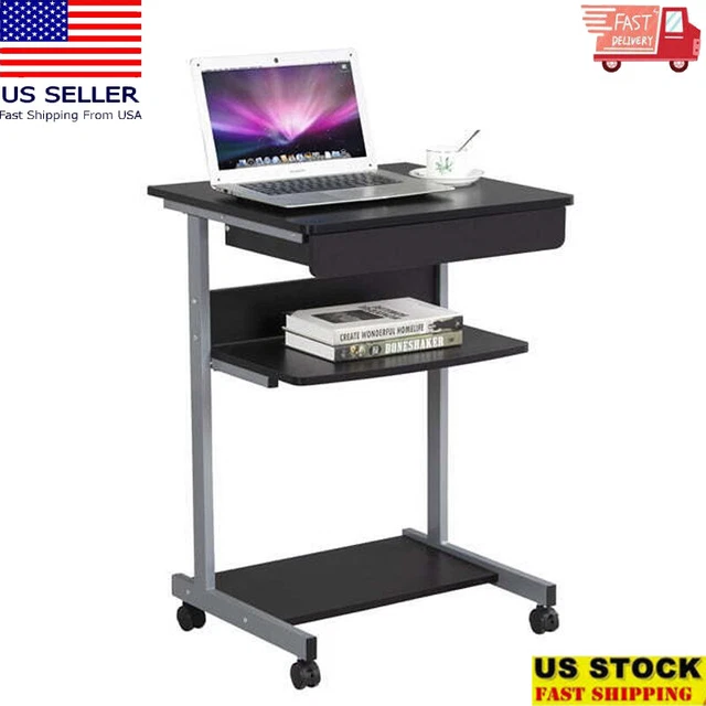 ROLLING COMPUTER DESK W/ 2 Shelves & Drawer Storage Lockable Wheels