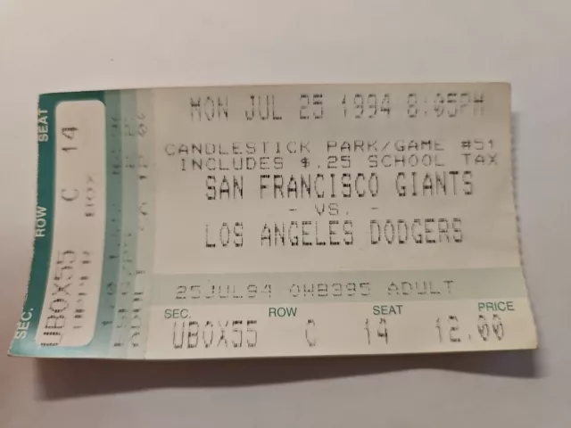 Ticket - MLB Baseball San Francisco Giants vs Los Angeles Dodgers 1994 Vintage