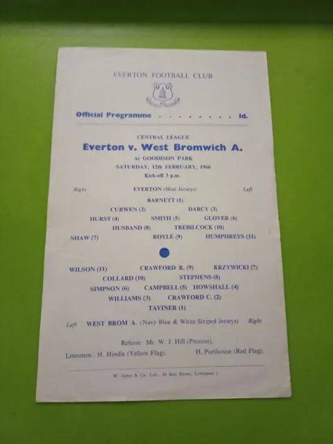Everton Reserves V WBA RESERVES Central Lg Football Programme.  12.2.1966