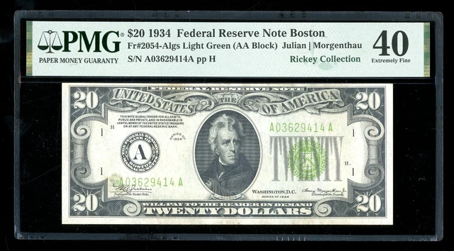 DBR 1934 $20 LGS FRN Boston Fr. 2054-Algs PMG XF-40 Serial A03629414A