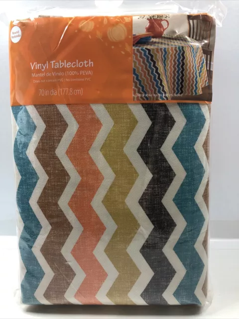 RETRO MCM Vinyl Tablecloth Orange/Teal/Brown Chevron 70" Round NOS