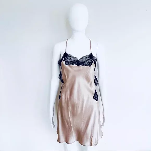CHAMPAGNE CREME BLACK Lace Pure Silk Slip Dress Size M $89.00 - PicClick