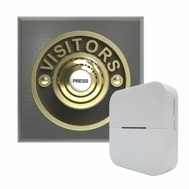 Traditional Square Wireless Doorbell VISITORS in Grey Ash and Brass