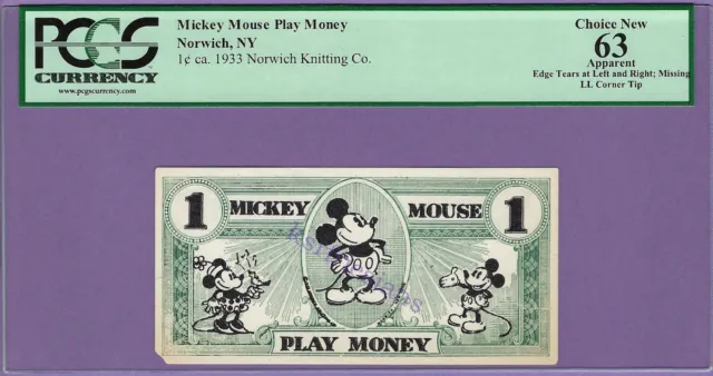 1933 1 Cent MICKEY MOUSE Play Money DISNEY DOLLAR PCGS 63 Norwich Knitting Co.
