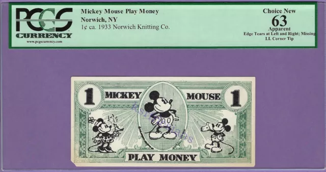 1933 1 Cent MICKEY MOUSE Play Money DISNEY DOLLAR PCGS 63 Norwich Knitting Co. 1933 1 Cent MICKEY MOUSE Play Money DISNEY DOLLAR PCGS 63 Norwich Knitting Co.