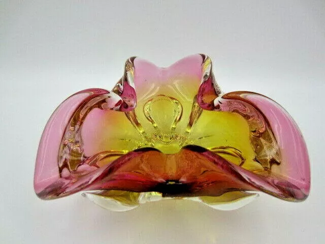 Murano Sommerso style Chribska Pink & Gold freeform art glass bowl