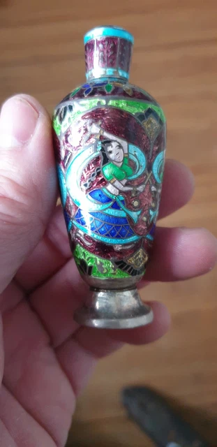 BOITE A KHOL EN ARGENT EMAILLE FLACON INDE XXemeS BELLE QUALITE NEUVE