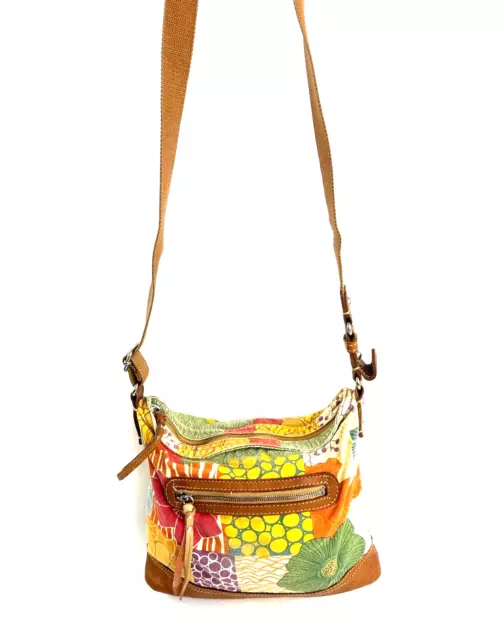 Fossil Multicolor Patchwork Print Canvas Medium Crossbody Bag Purse Brown Trim