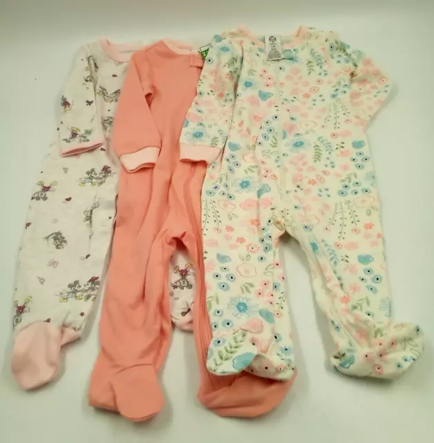 Baby Girl Disney Minnie Mickey Pink Floral Sleep Play 3 Piece Coverall Sz 3-6 Mo