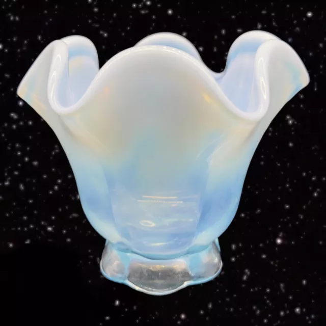 Duncan Miller Glass Canterbury Blue Opalescent Crimped Flared Vase Vintage 4”T