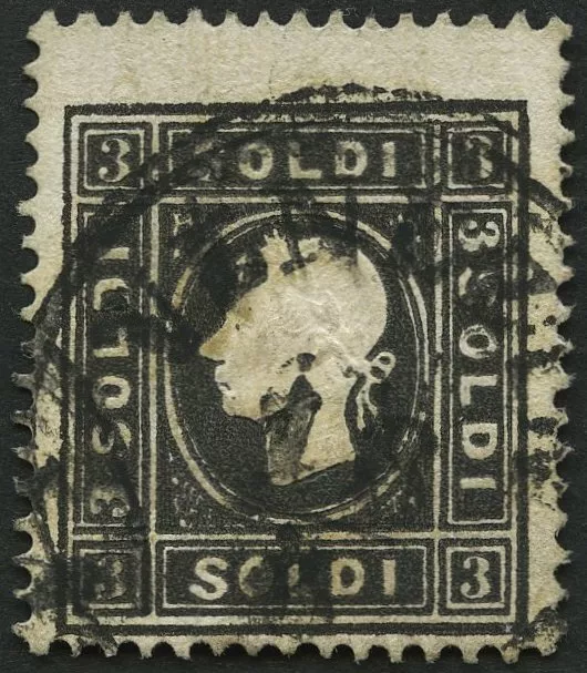 LOMBARDEI UND VENETIEN 7IIa o, 1859, 3 So. schwarz, Type II, K1 VENEZIA, gepr. D