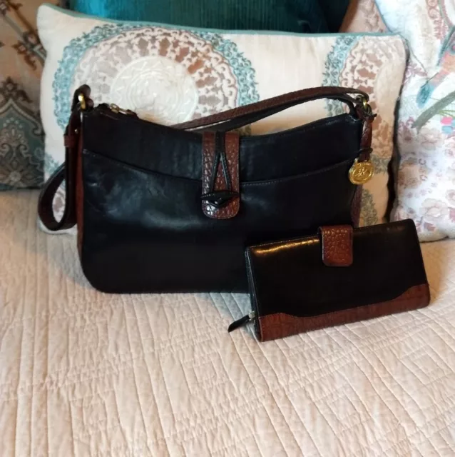 Vintage Set Brahmin Tuscan Melbourne Black Pecan Leather Crossbody Bag & Wallet