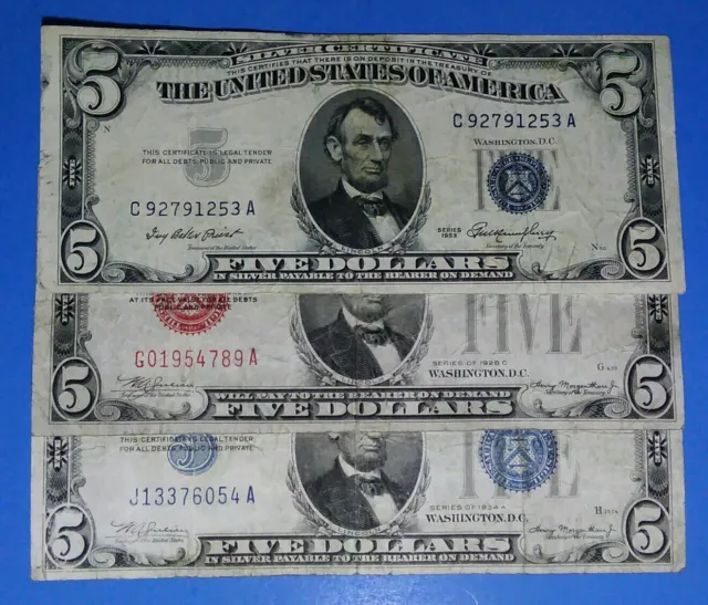 Lot Of 3, $5 1934 A, 53 & $5 1928 C ! Red & Blue Seals ! F./Vf. Circ.! Nice !