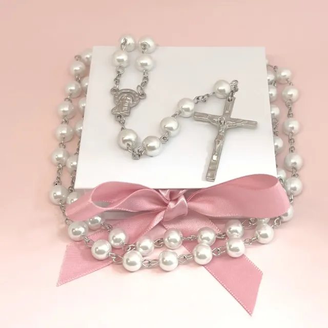 Weiß Perlmutt Rosenkranz Perlen Halskette, Geschenk Box Erste Heilige Kommunion,