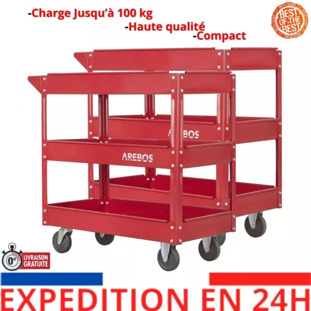 Arebos 2 pièces Chariot Servante d’Atelier Capacité de Charge Jusqu’à 100 kg 3 C