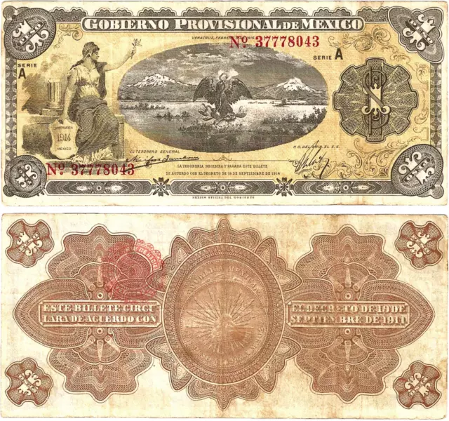 Mexico,1 Peso,Gob Prov de Mexico(Veracruz),2-5-1915,Series A,S/N 37778043,S-1101