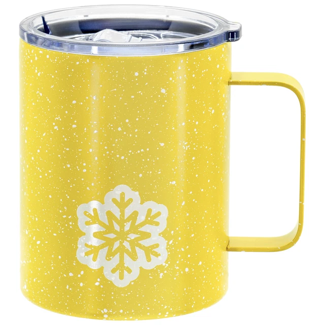 Stainless Steel Snowflake Travel Coffee Mug with Lid and Handle, Yellow, 12 oz.