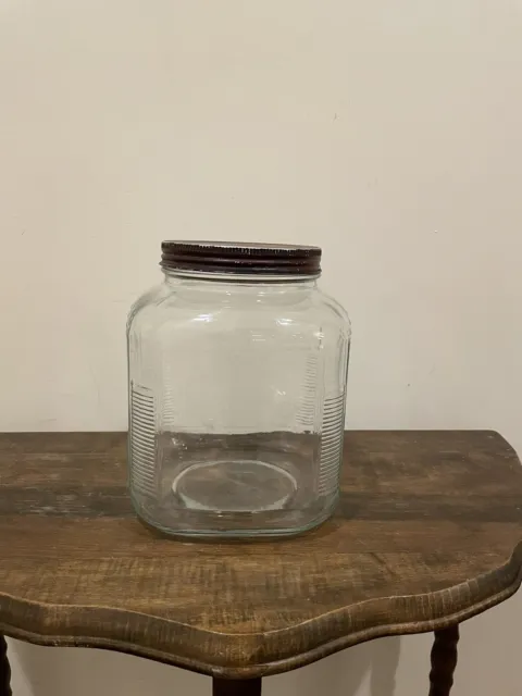 Vtg  Hoosier Cabinet Square  Ribbed 1 Gal Glass Jar  - Red Metal Lid ~ Euc